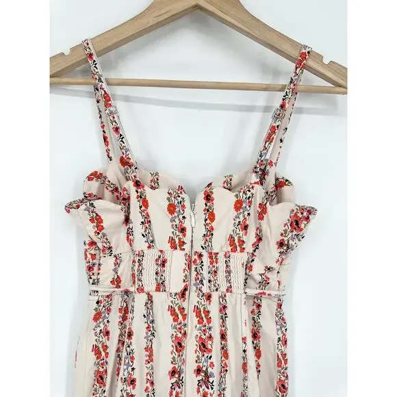 Anthropologie Slim Scalloped Corset Dress Floral Striped Belted Button Slit Midi - Picture 11 of 14